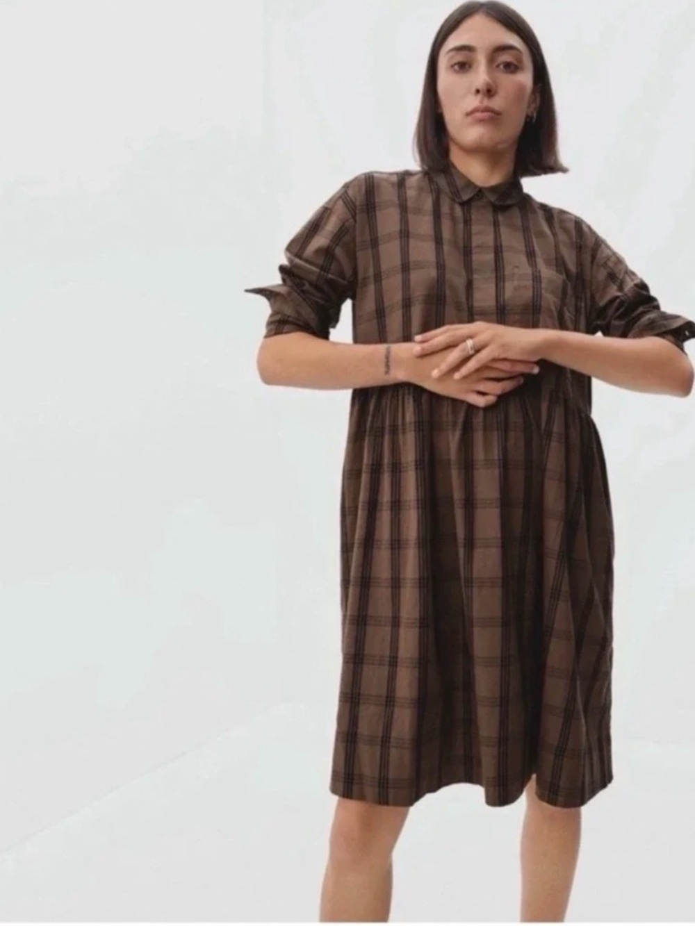 Everlane Brown Plaid Midi Shirt Dress